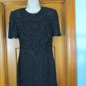 Laurence Kazar Black Beaded Sheath Dress Short Sleeve Cocktail